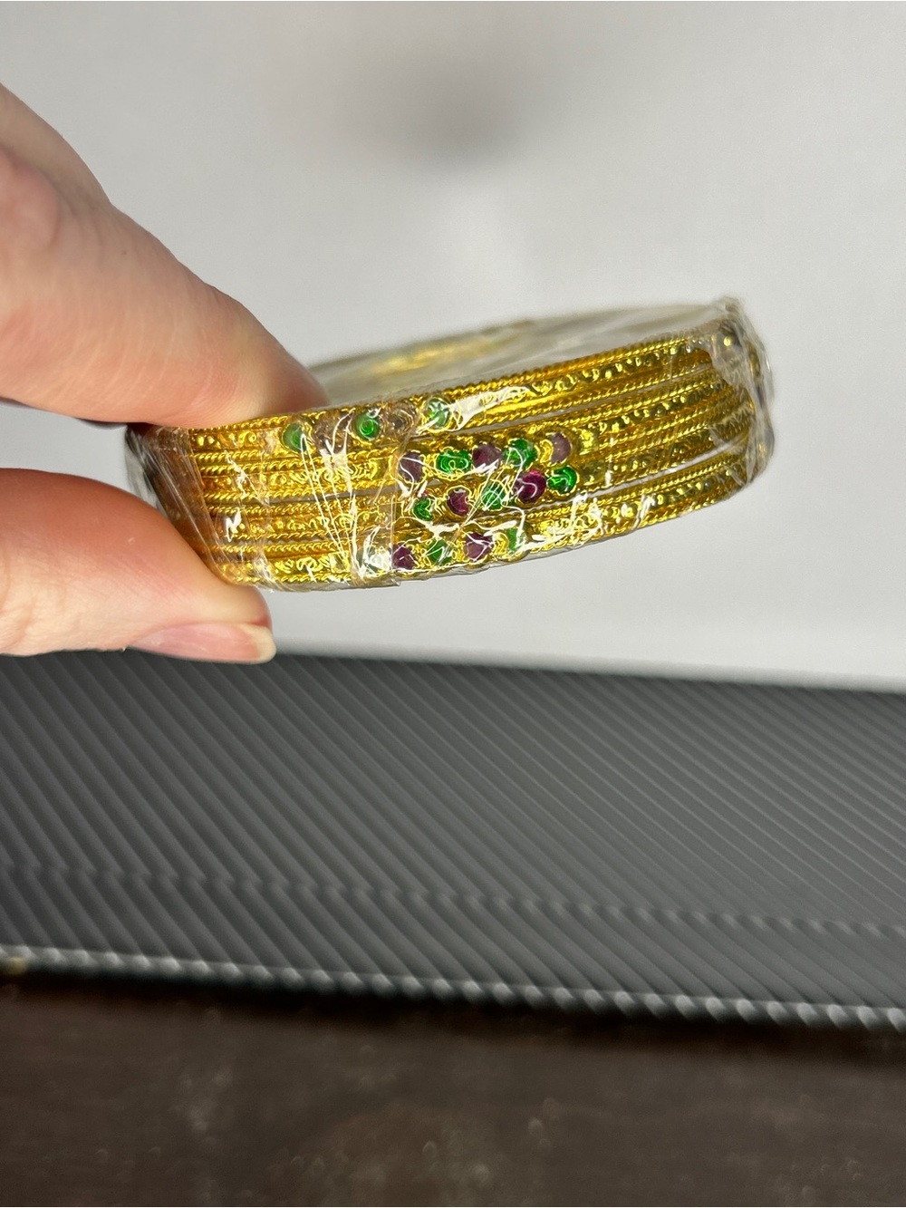 Gold-Tone Green & Purple Accent Bangle Set